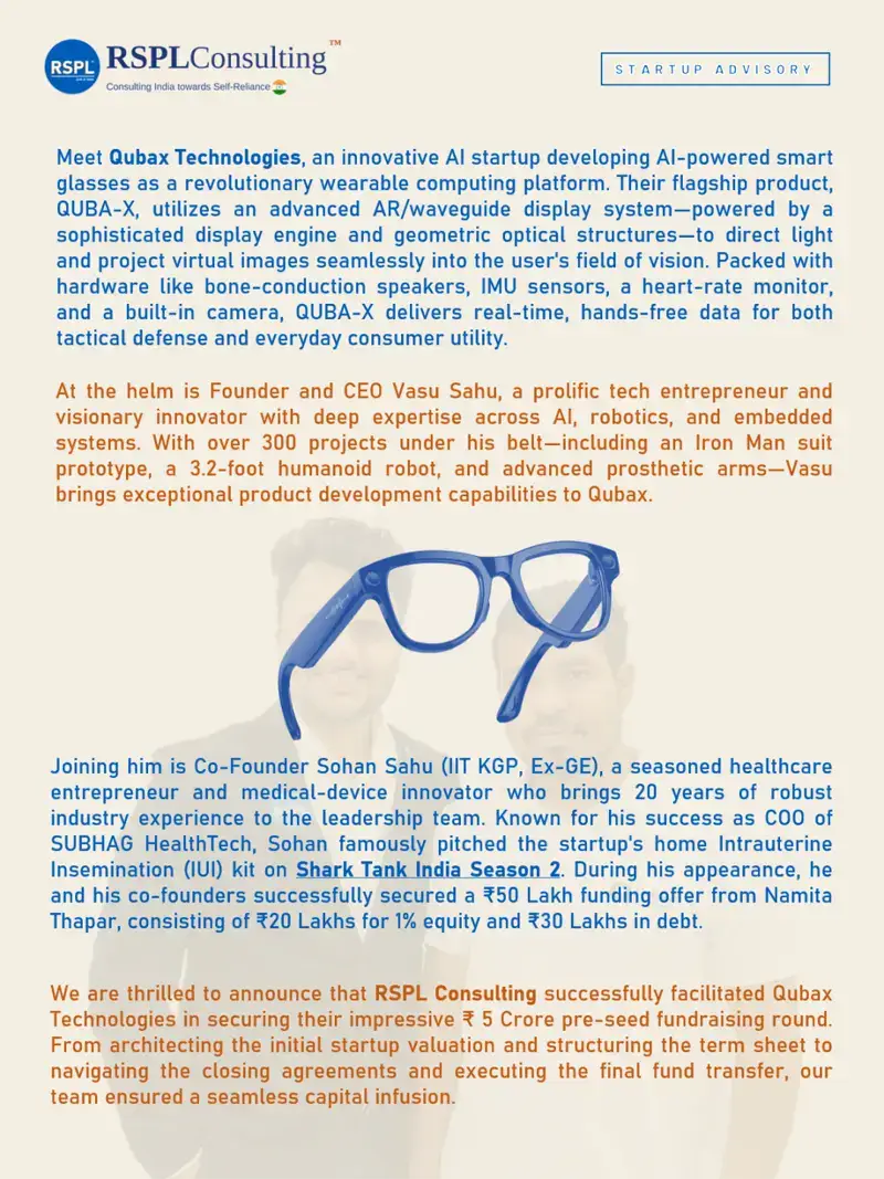 Qubax Technologies case study — AI smart-glasses startup QUBA-X, founders Vasu Sahu & Sohan Sahu, ₹5 Crore pre-seed round facilitated by RSPL Consulting
